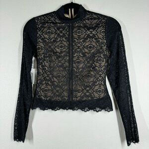 NWT Aritzia Wilfred Adriane Black Lace Mock Neck Top Nude Illusion Size XS